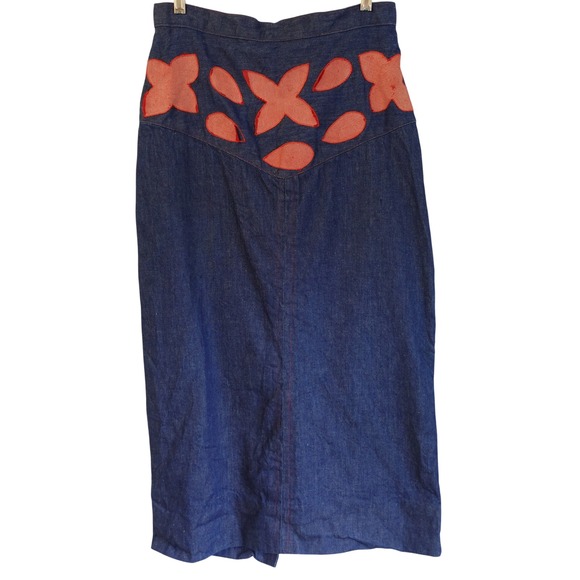 Dresses & Skirts - Vintage‎ Handmade Denim Midi Skirt Abstract Floral Applique Retro 80s Western 8